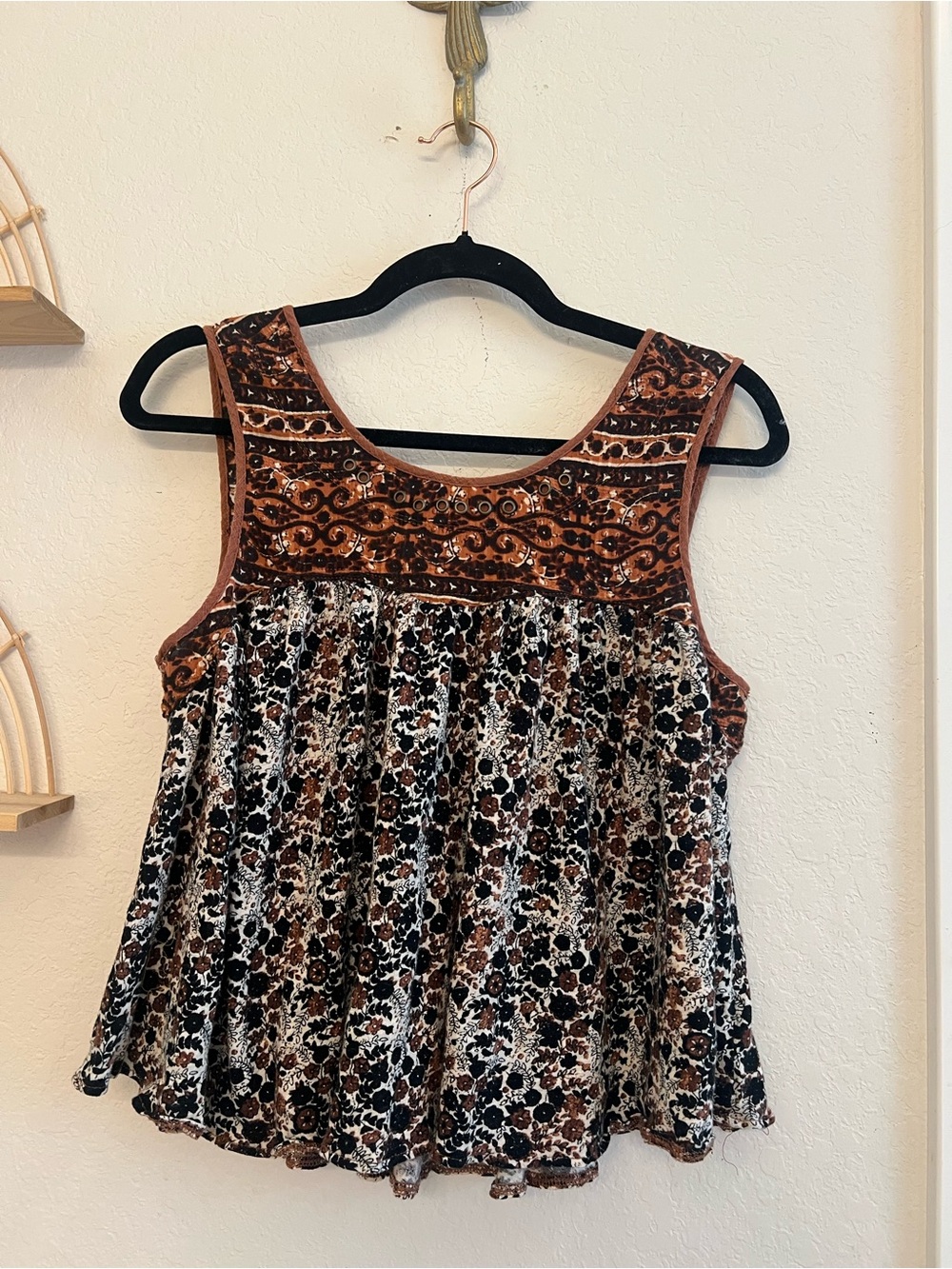 Free People M Boho Babydoll Tank Top Mixed Print Linen Cotton Strappy Back